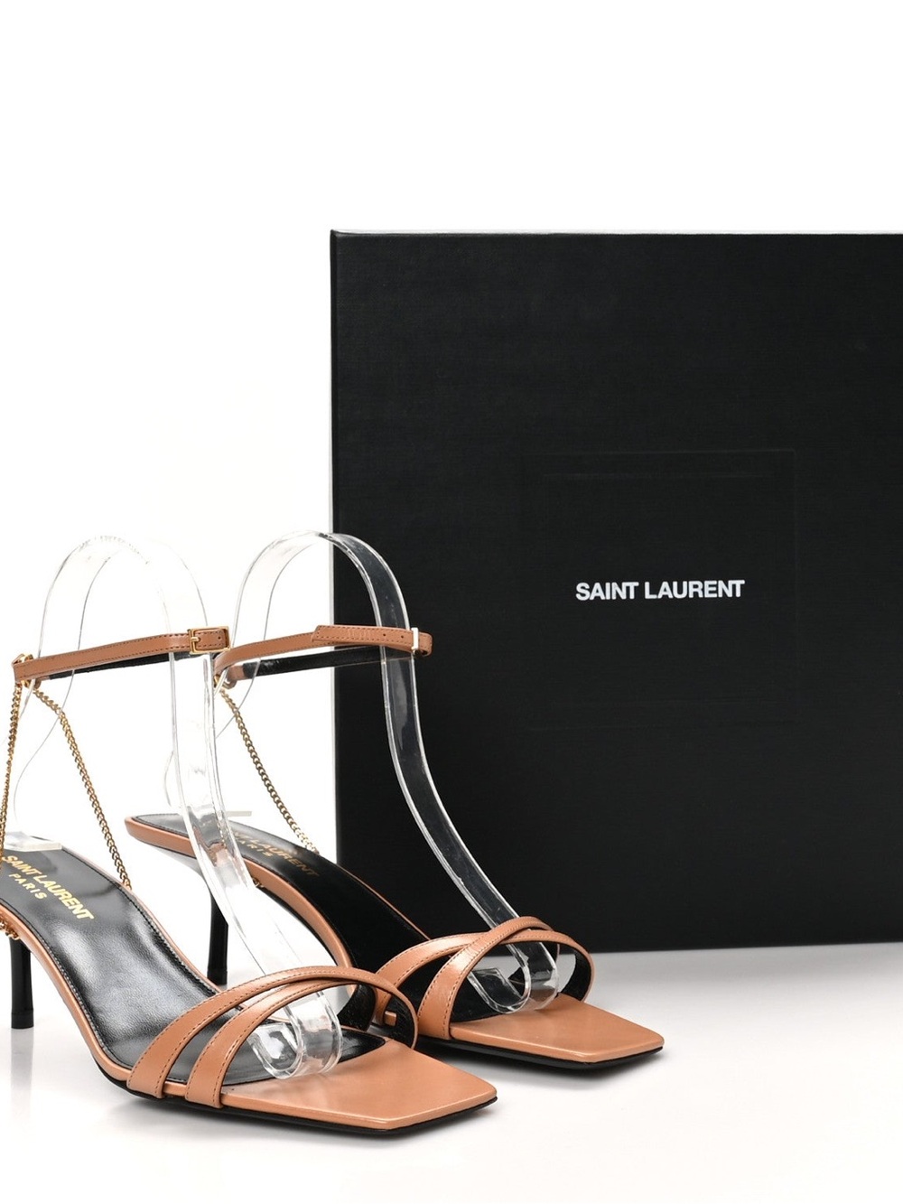 Saint Laurent Baliqua Tan Leather Chain-Ankle Strappy Heels - Picture 1 of 5